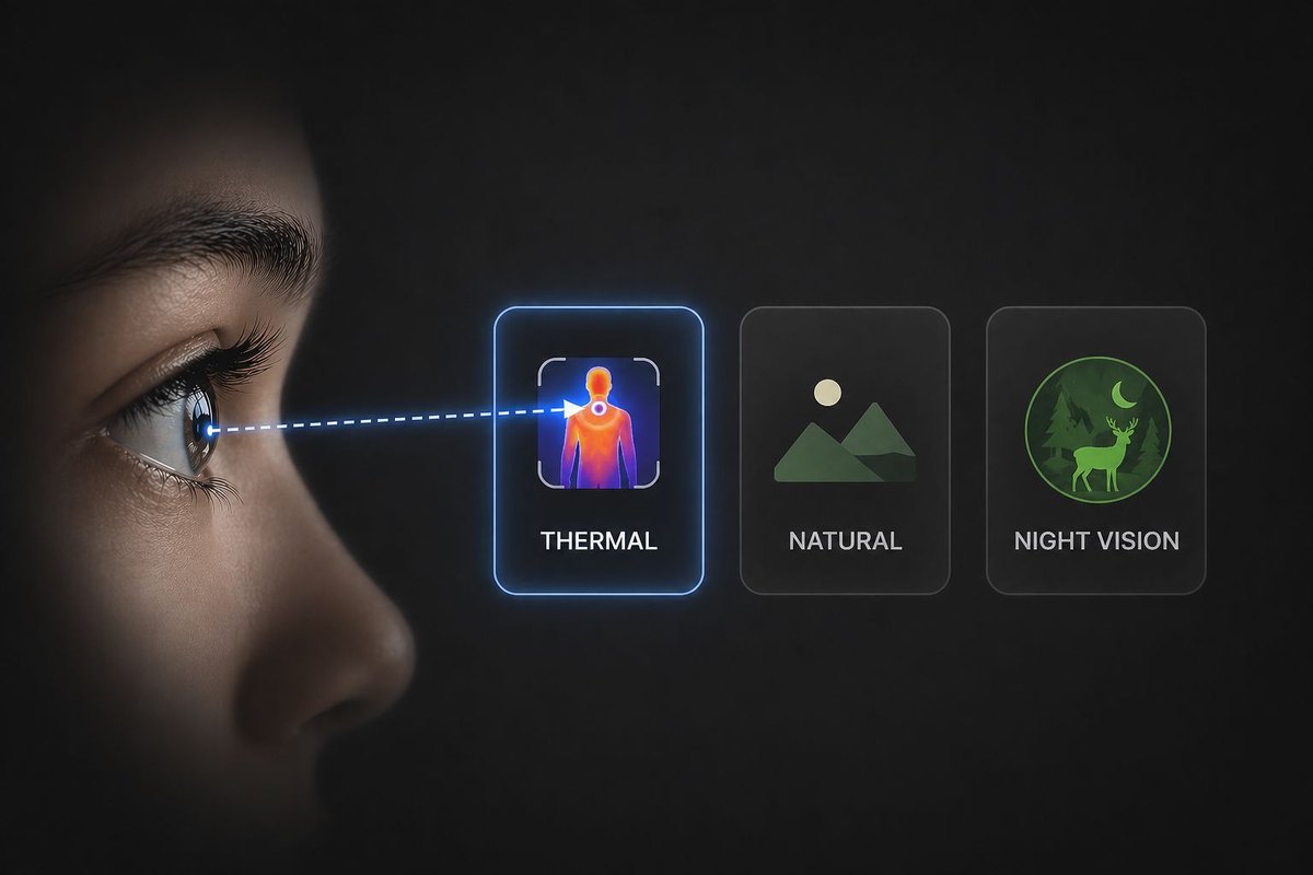 A gaze ray from the eye selecting an on-screen mode